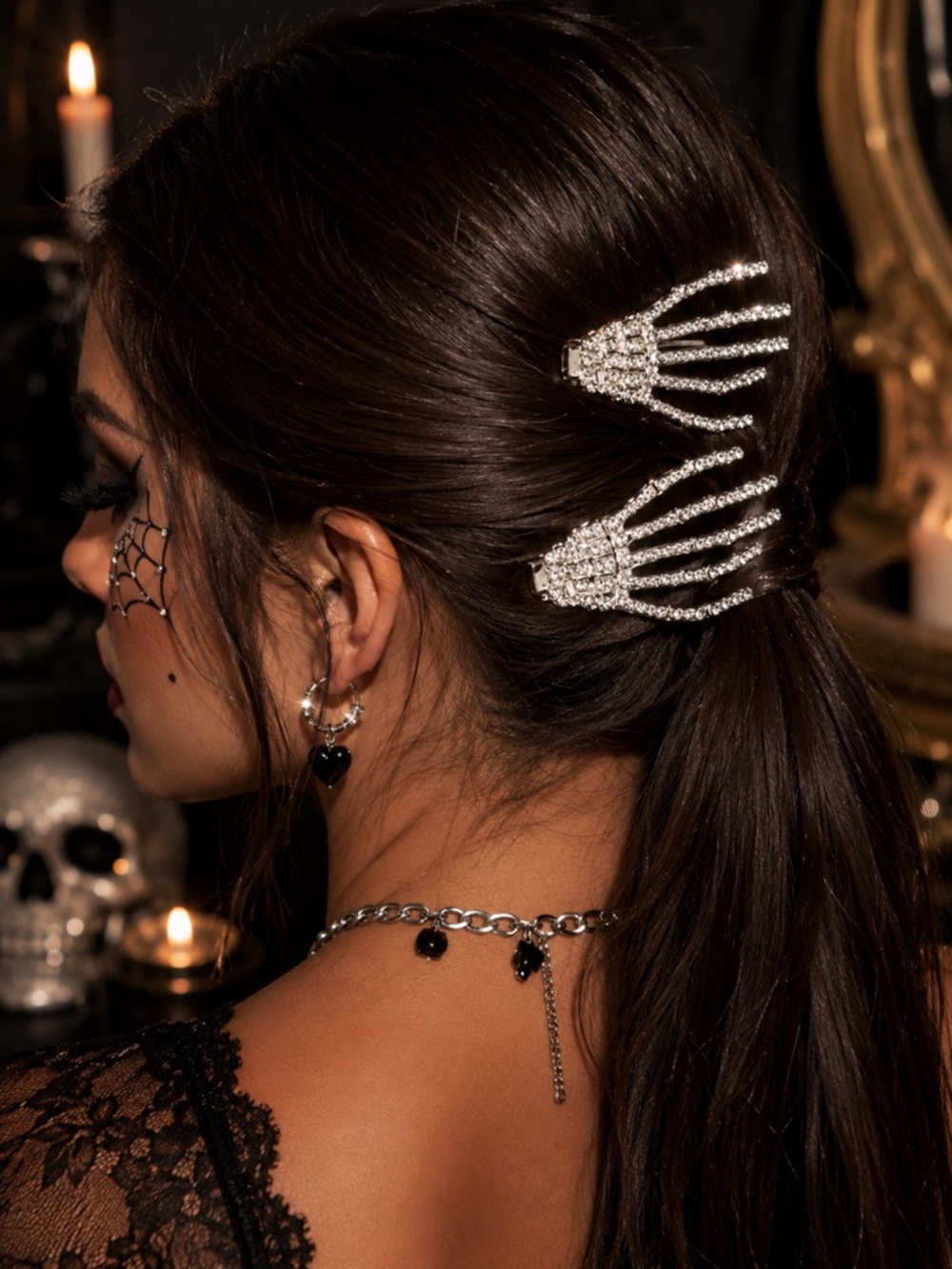 Rhinestone Skeleton Hand Halloween Hair Clips Set